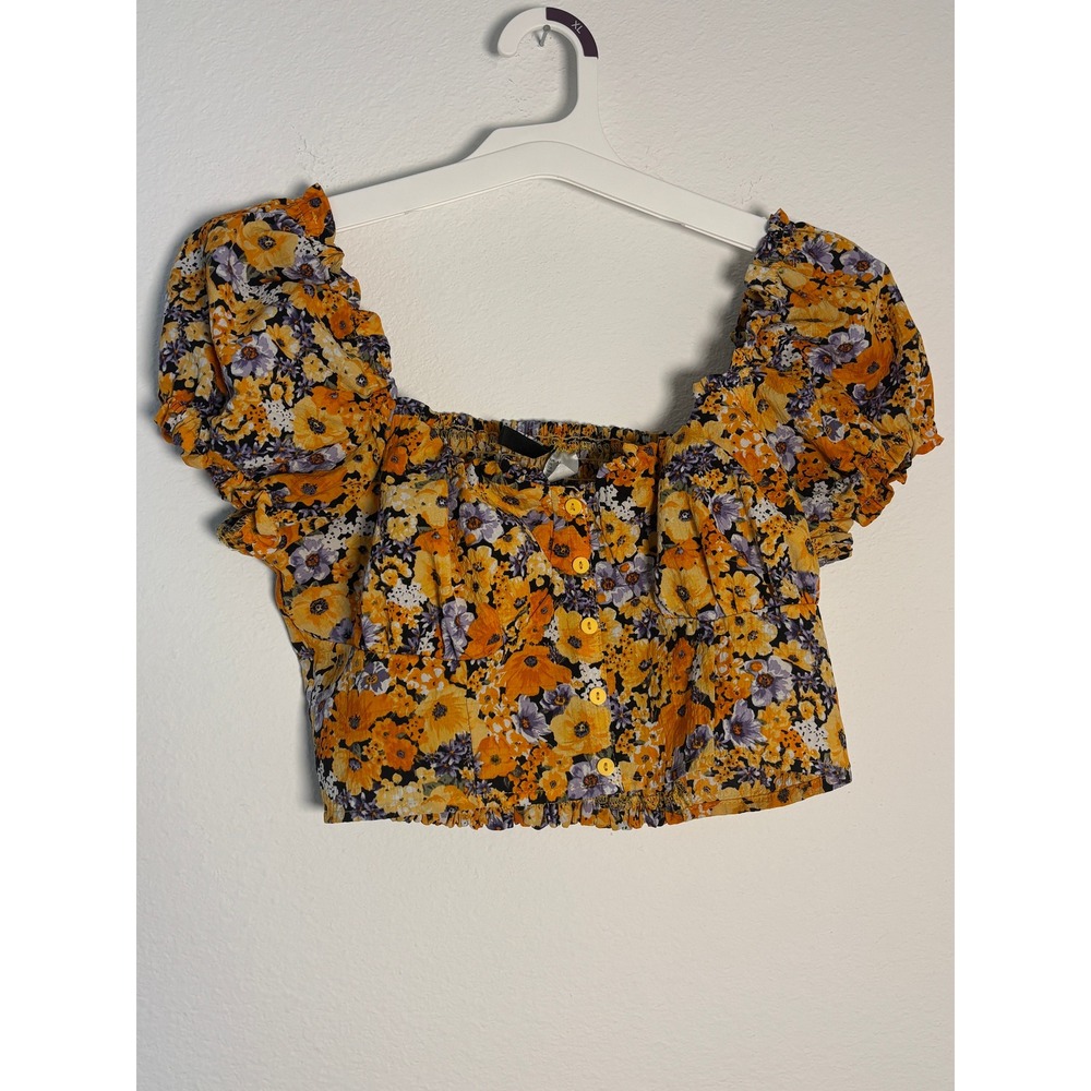 H&M Divided Floral Puff Sleeve Crop Top Yellow Orange Purple Smocked Back Medium